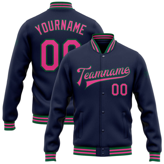 Custom Navy Pink-Kelly Green Bomber Full-Snap Varsity Letterman Jacket - Main View