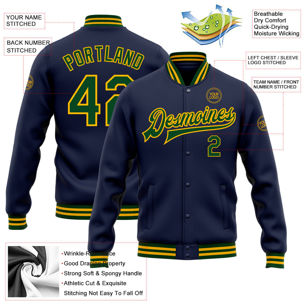 Custom Navy Green-Gold Bomber Full-Snap Varsity Letterman Jacket view 5