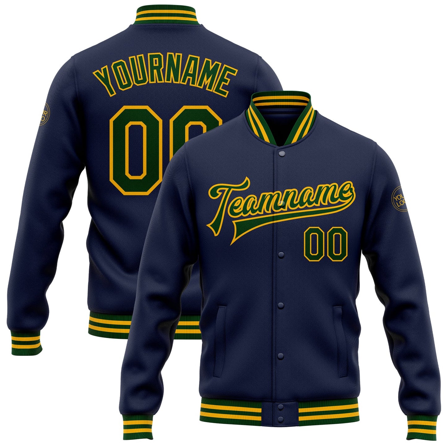 Custom Navy Green-Gold Bomber Full-Snap Varsity Letterman Jacket - Main View