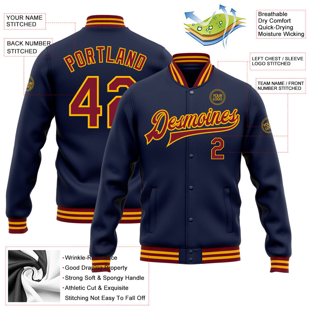 Custom Navy Crimson-Gold Bomber Full-Snap Varsity Letterman Jacket view 5