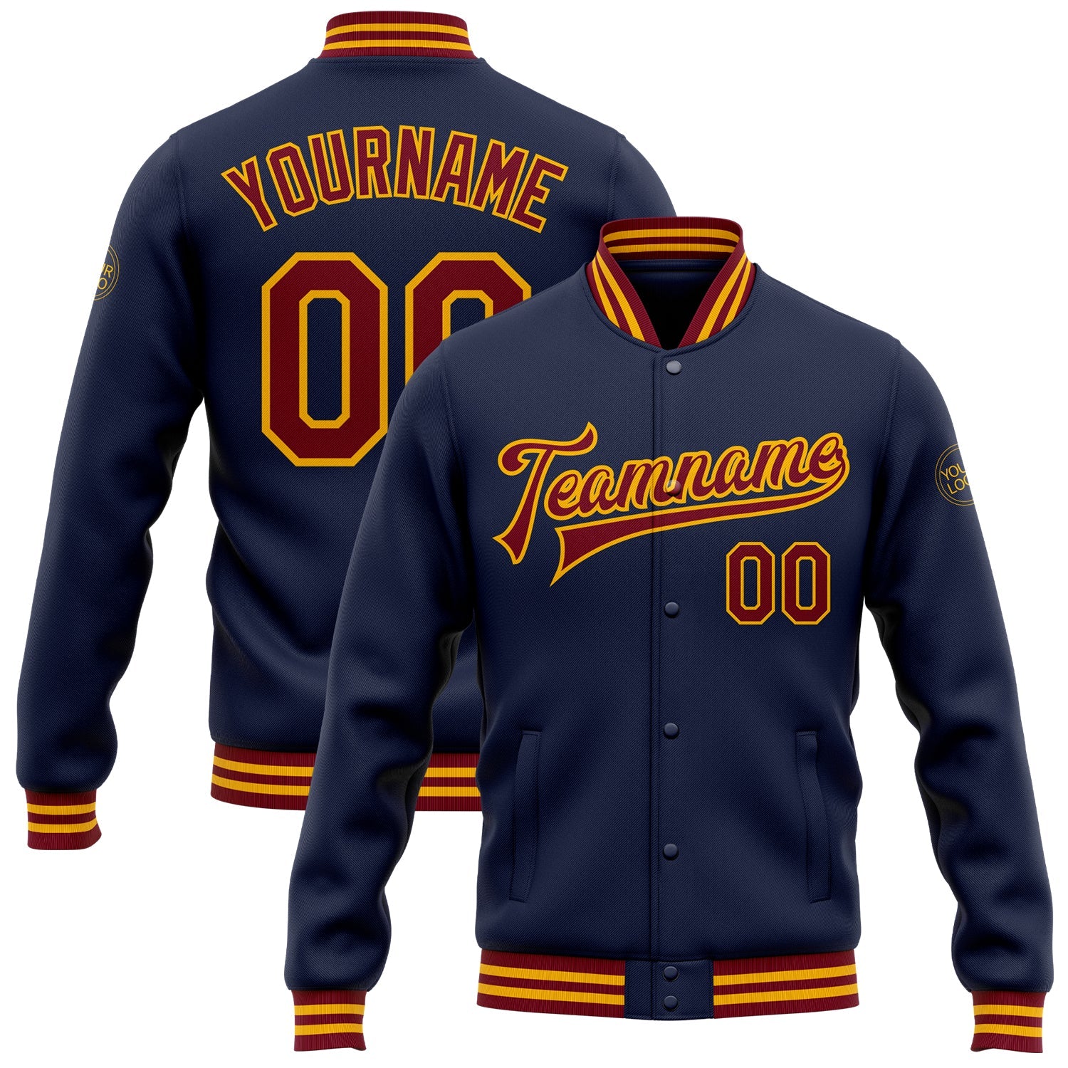 Custom Navy Crimson-Gold Bomber Full-Snap Varsity Letterman Jacket - Main View