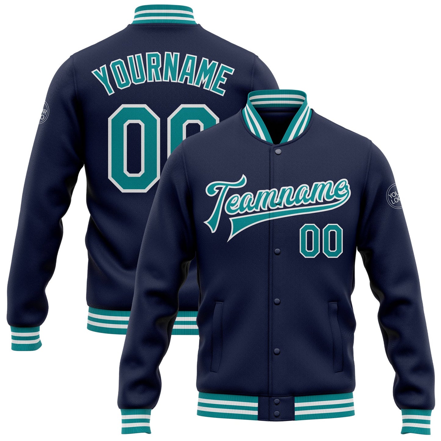 Custom Navy Teal-White Bomber Full-Snap Varsity Letterman Jacket - Main View