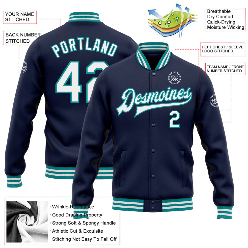 Custom Navy White-Teal Bomber Full-Snap Varsity Letterman Jacket view 5