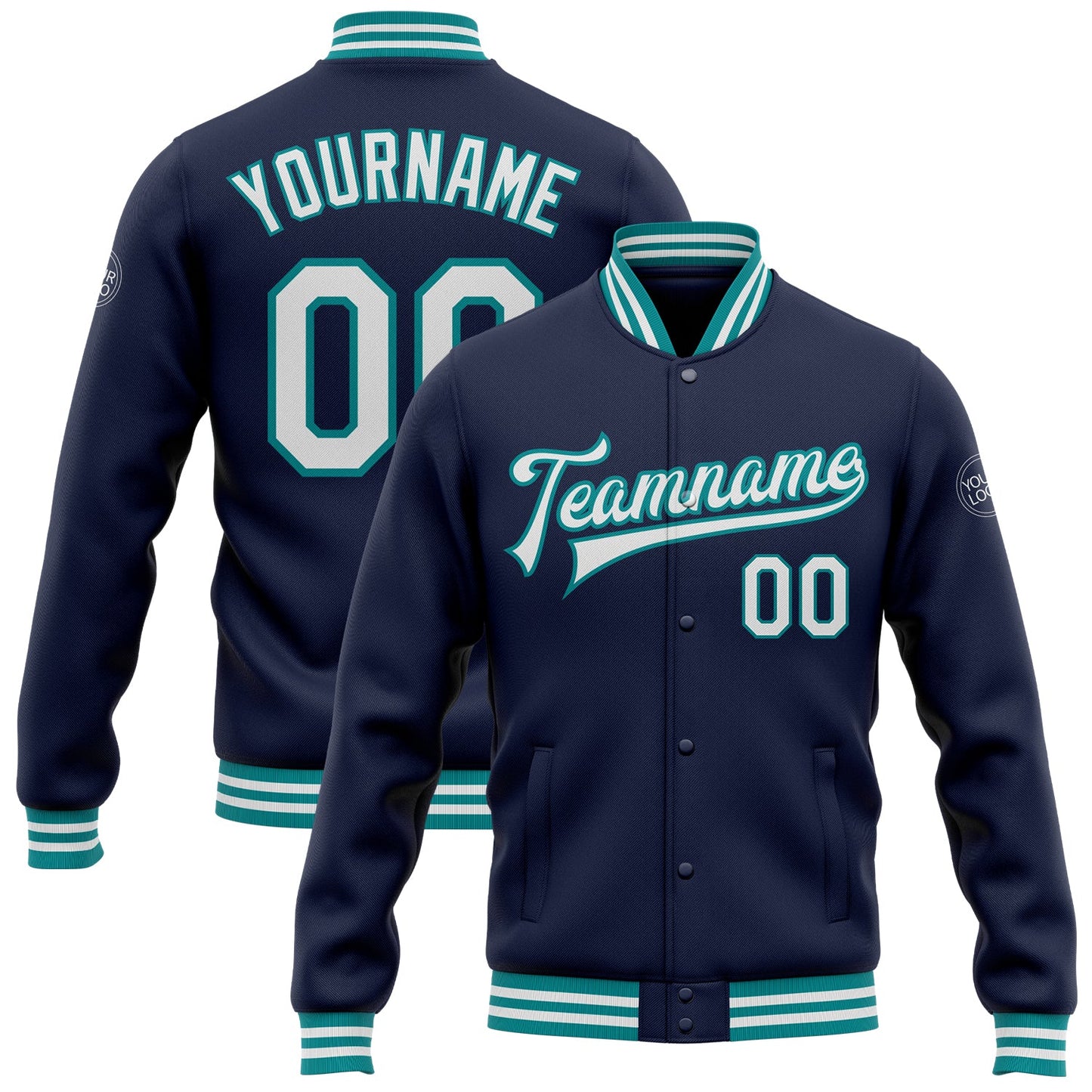 Custom Navy White-Teal Bomber Full-Snap Varsity Letterman Jacket - Main View