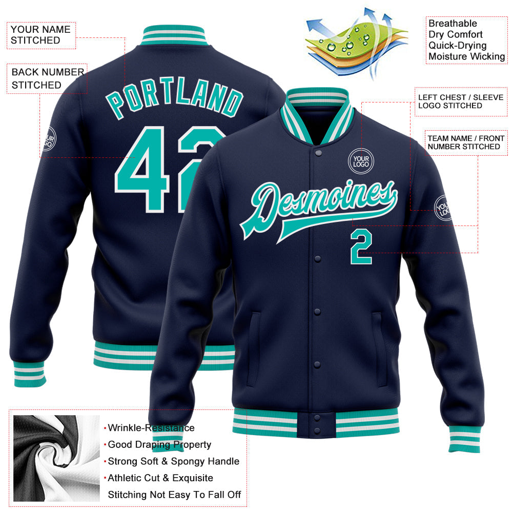 Custom Navy Aqua-White Bomber Full-Snap Varsity Letterman Jacket view 5