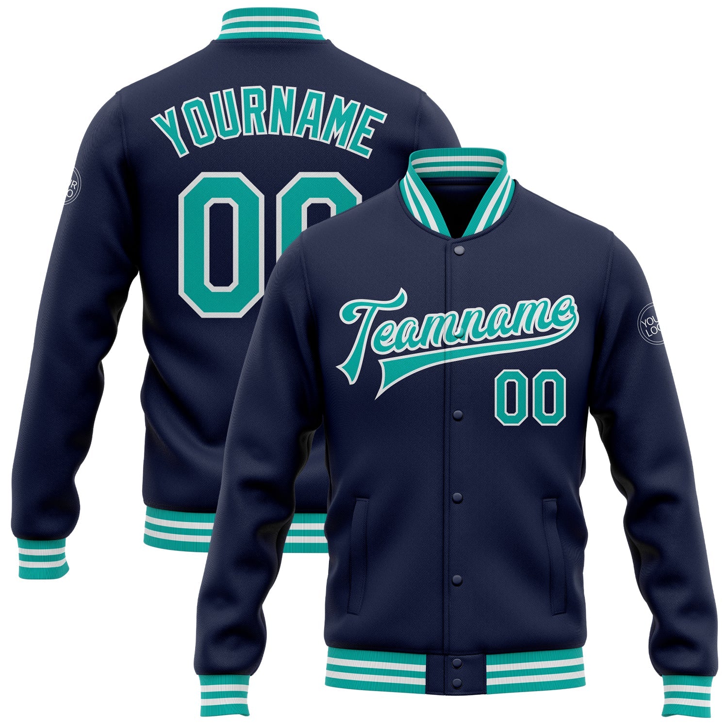 Custom Navy Aqua-White Bomber Full-Snap Varsity Letterman Jacket - Main View