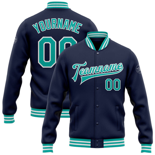 Custom Navy Aqua-White Bomber Full-Snap Varsity Letterman Jacket - Main View
