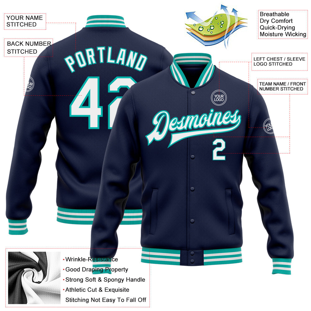 Custom Navy White-Aqua Bomber Full-Snap Varsity Letterman Jacket view 5