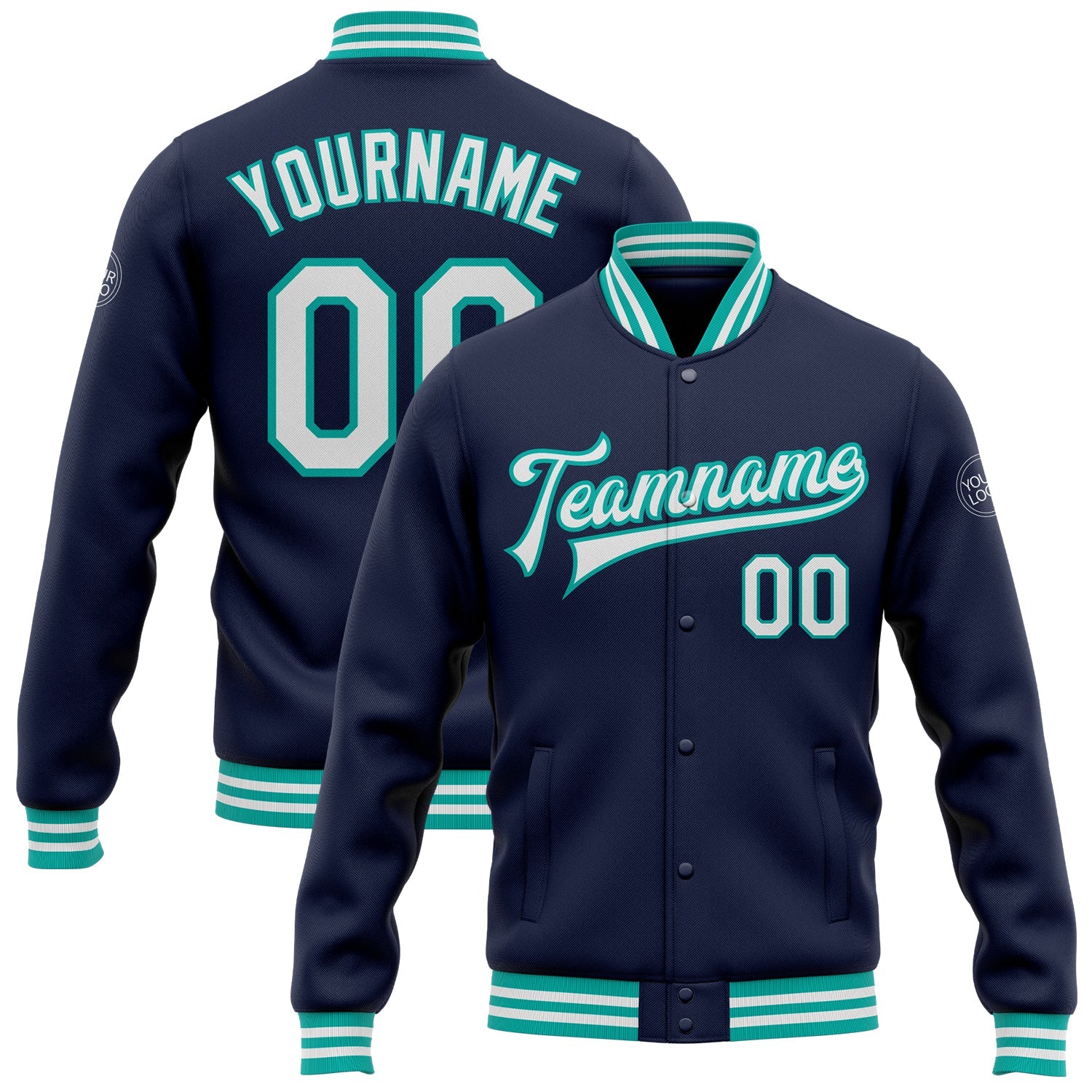 Custom Navy White-Aqua Bomber Full-Snap Varsity Letterman Jacket - Main View