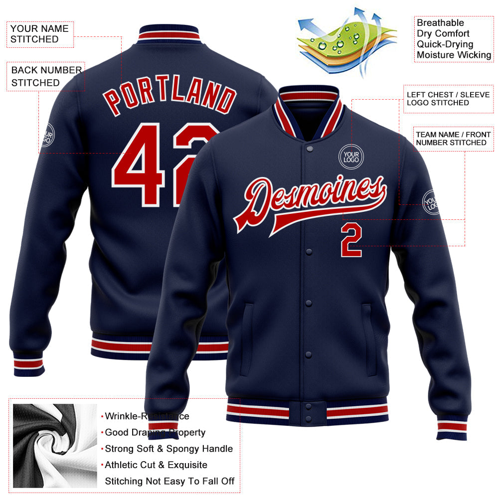 Custom Navy Red-White Bomber Full-Snap Varsity Letterman Jacket view 5