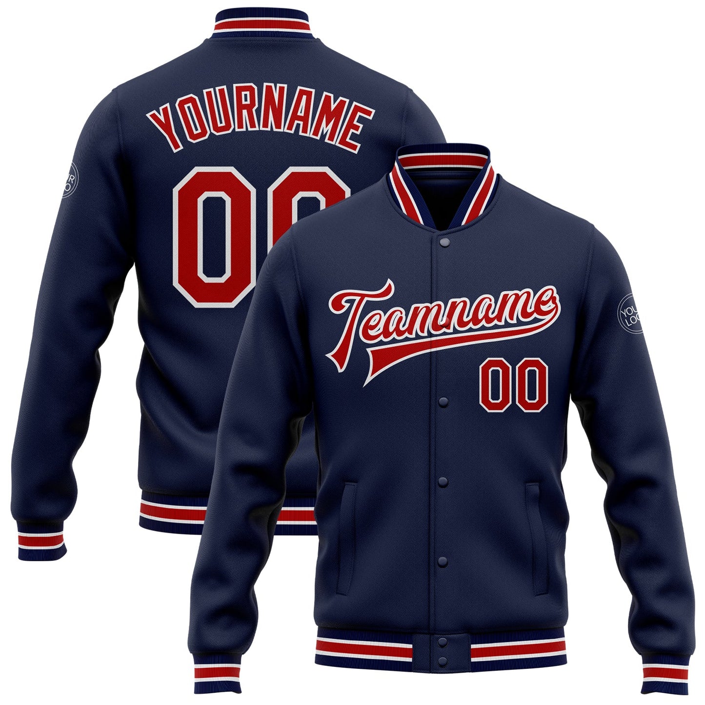 Custom Navy Red-White Bomber Full-Snap Varsity Letterman Jacket - Main View