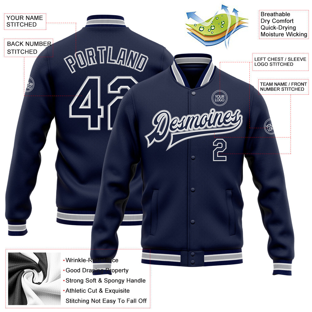 Custom Navy White-Gray Bomber Full-Snap Varsity Letterman Jacket view 5
