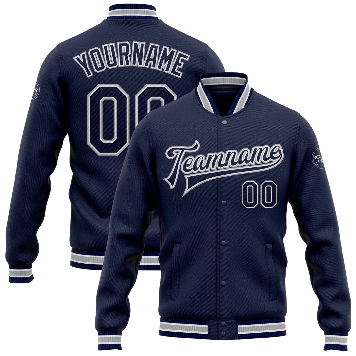 Custom Navy White-Gray Bomber Full-Snap Varsity Letterman Jacket - Main View