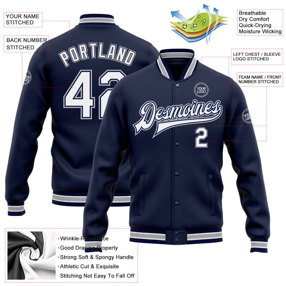 Custom Navy White-Gray Bomber Full-Snap Varsity Letterman Jacket view 5