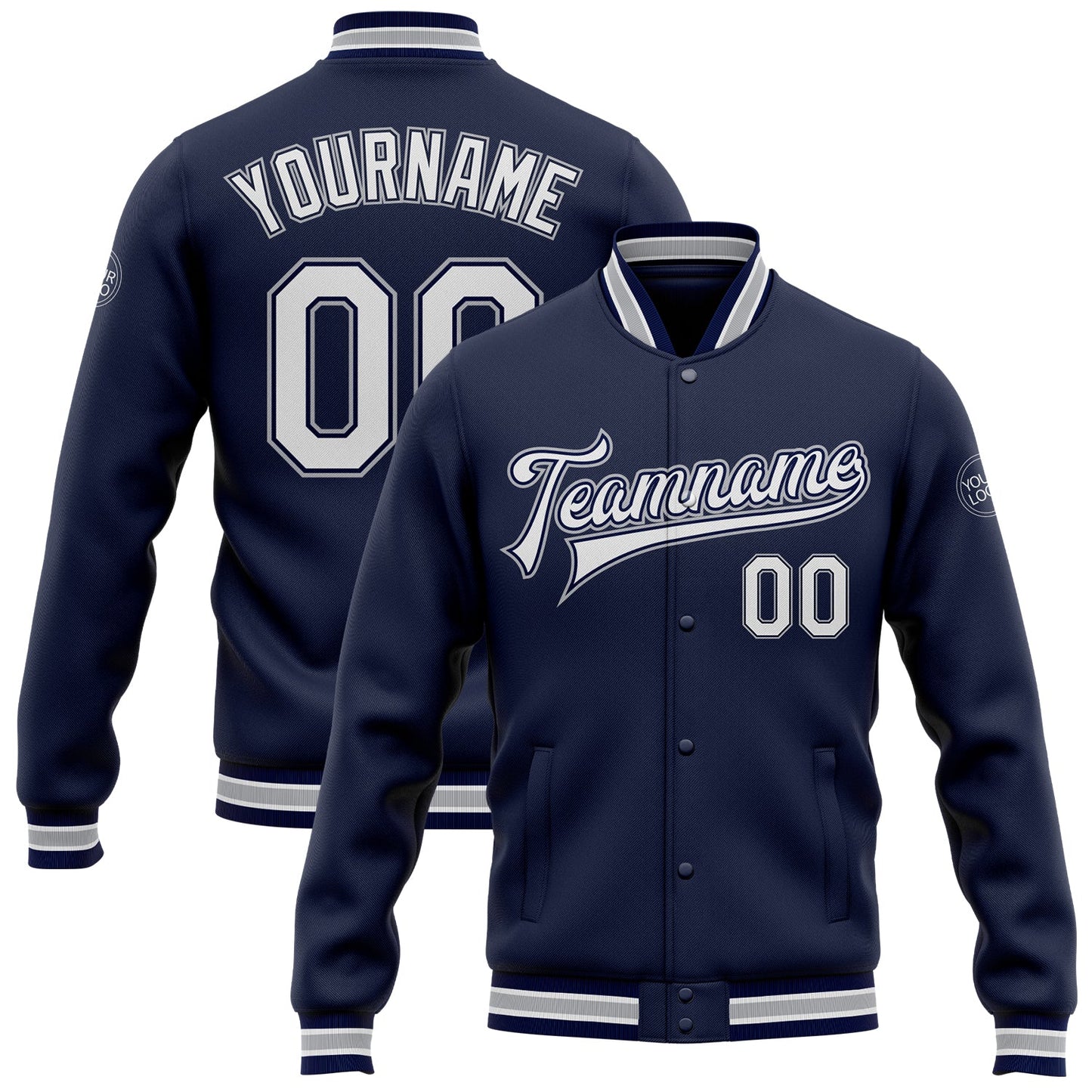 Custom Navy White-Gray Bomber Full-Snap Varsity Letterman Jacket - Main View