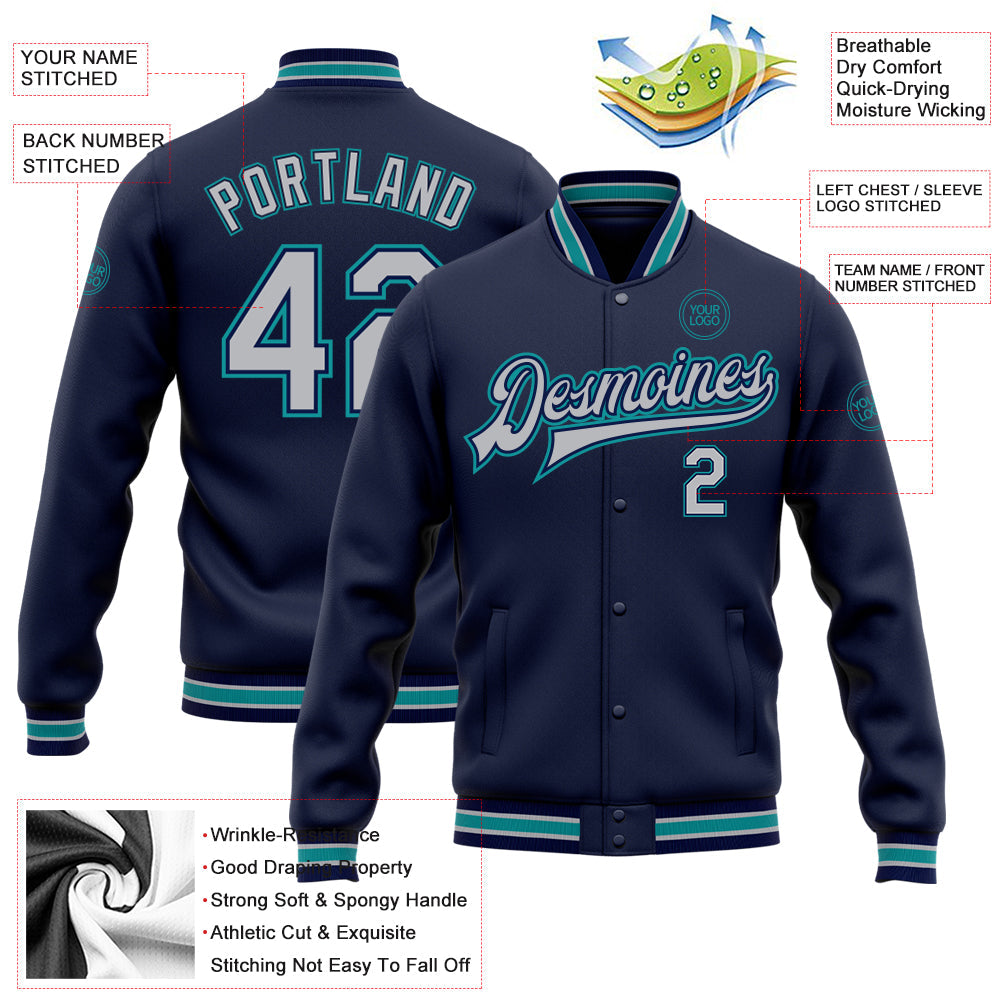 Custom Navy Gray-Teal Bomber Full-Snap Varsity Letterman Jacket view 5