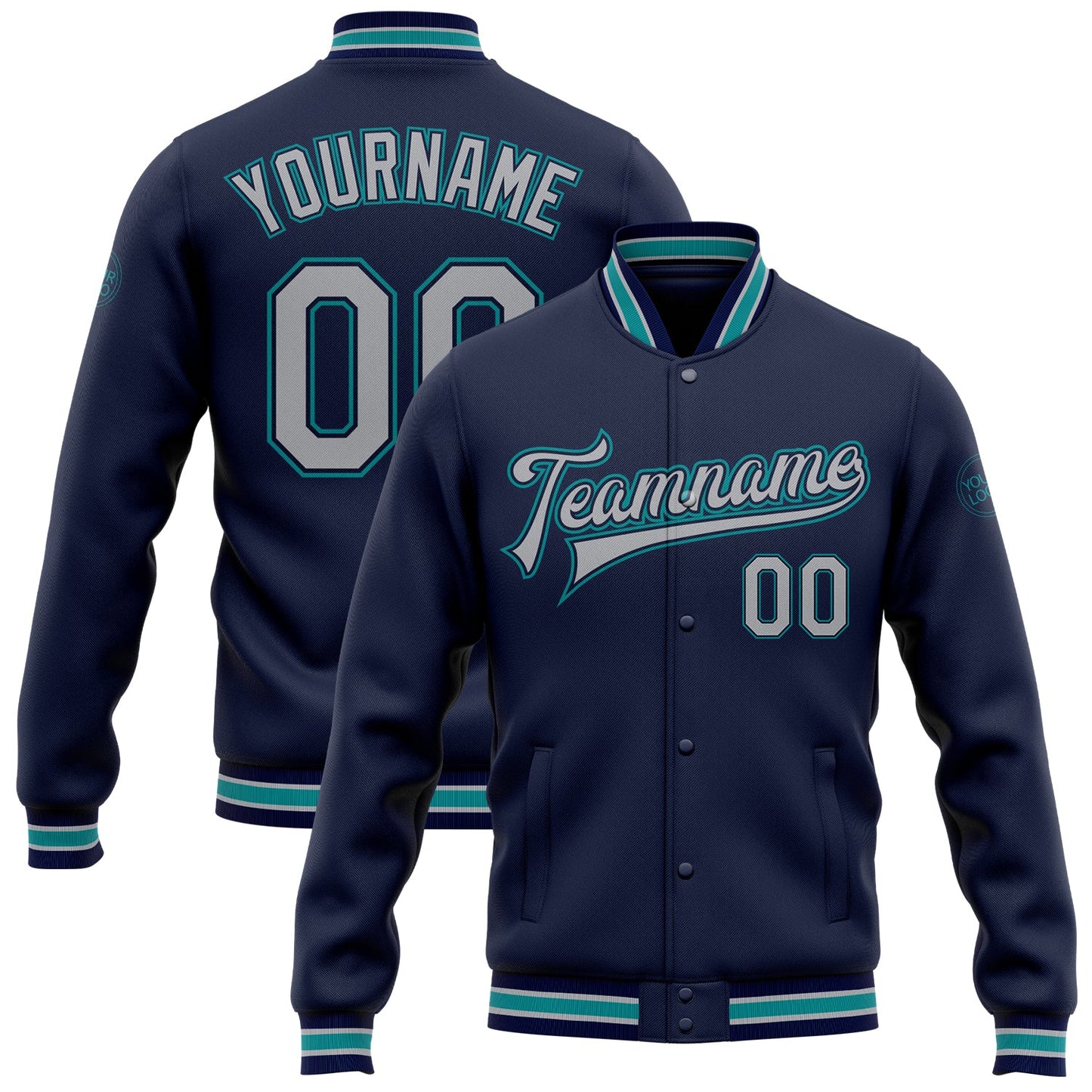 Custom Navy Gray-Teal Bomber Full-Snap Varsity Letterman Jacket - Main View