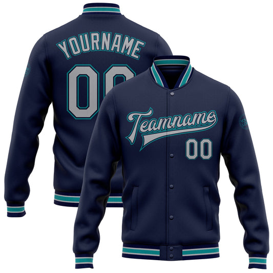 Custom Navy Gray-Teal Bomber Full-Snap Varsity Letterman Jacket - Main View