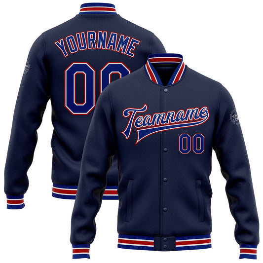 Custom Navy Royal-Red Bomber Full-Snap Varsity Letterman Jacket - Main View
