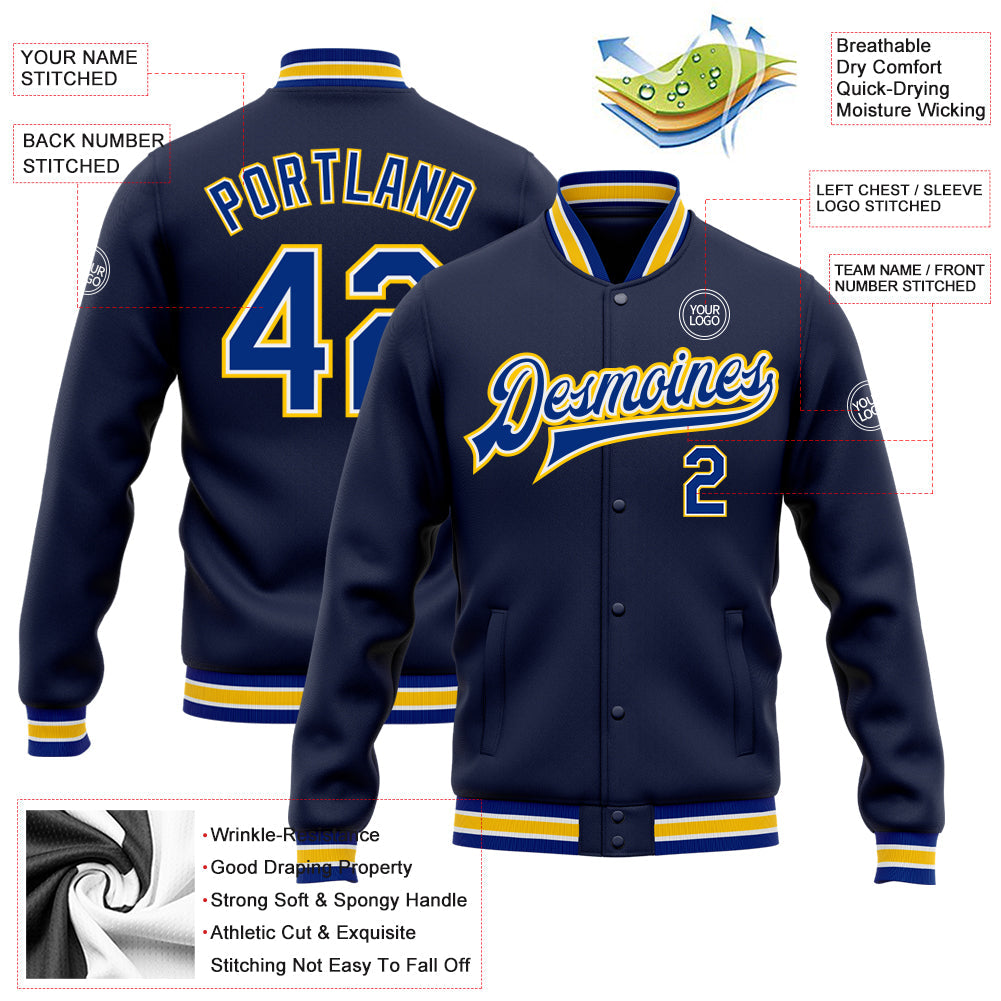 Custom Navy Royal-Yellow Bomber Full-Snap Varsity Letterman Jacket view 5