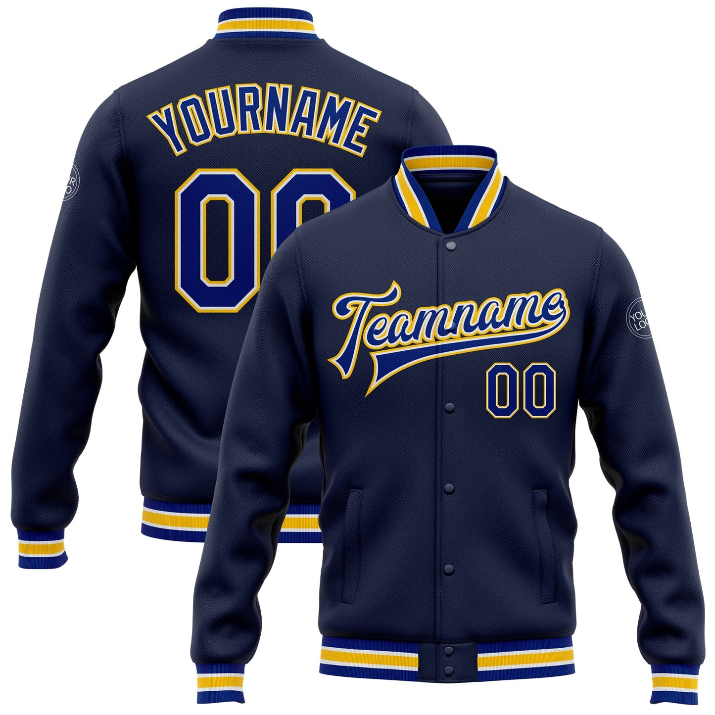 Custom Navy Royal-Yellow Bomber Full-Snap Varsity Letterman Jacket - Main View