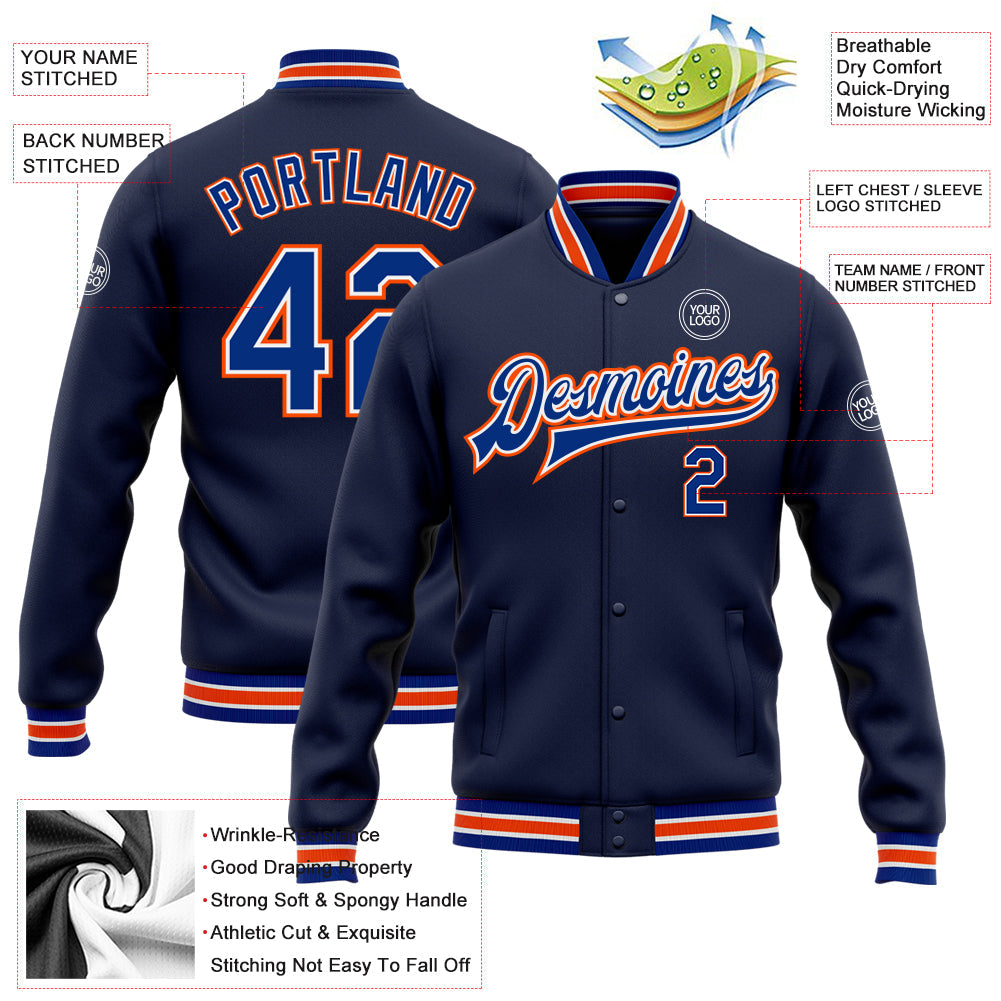 Custom Navy Royal-Orange Bomber Full-Snap Varsity Letterman Jacket view 5