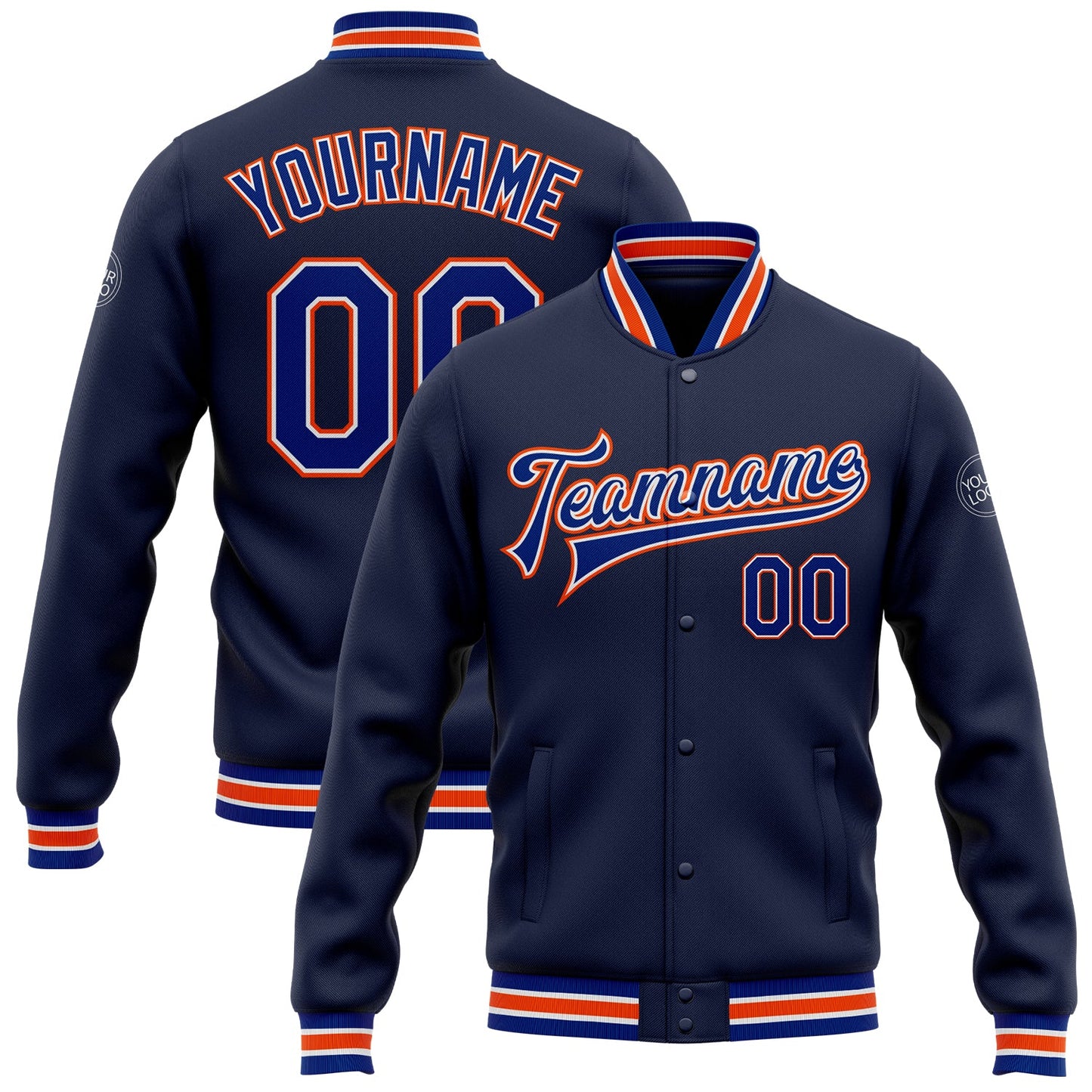 Custom Navy Royal-Orange Bomber Full-Snap Varsity Letterman Jacket - Main View