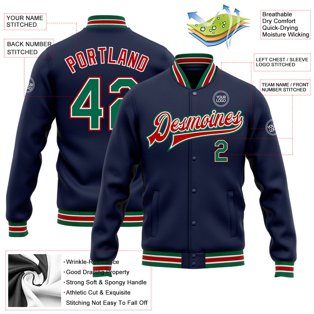 Custom Navy Kelly Green-Red Bomber Full-Snap Varsity Letterman Jacket view 5
