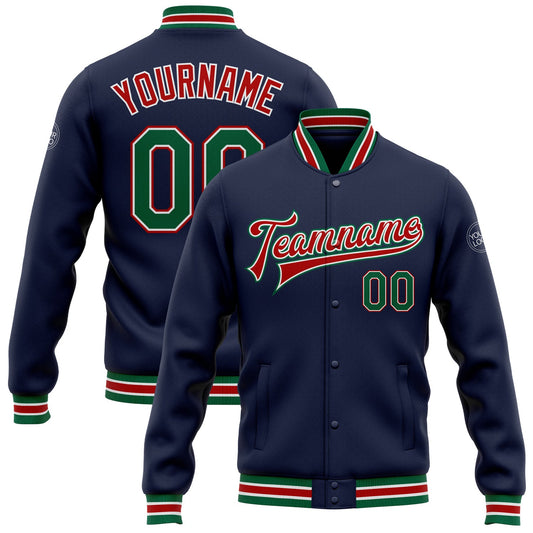 Custom Navy Kelly Green-Red Bomber Full-Snap Varsity Letterman Jacket - Main View