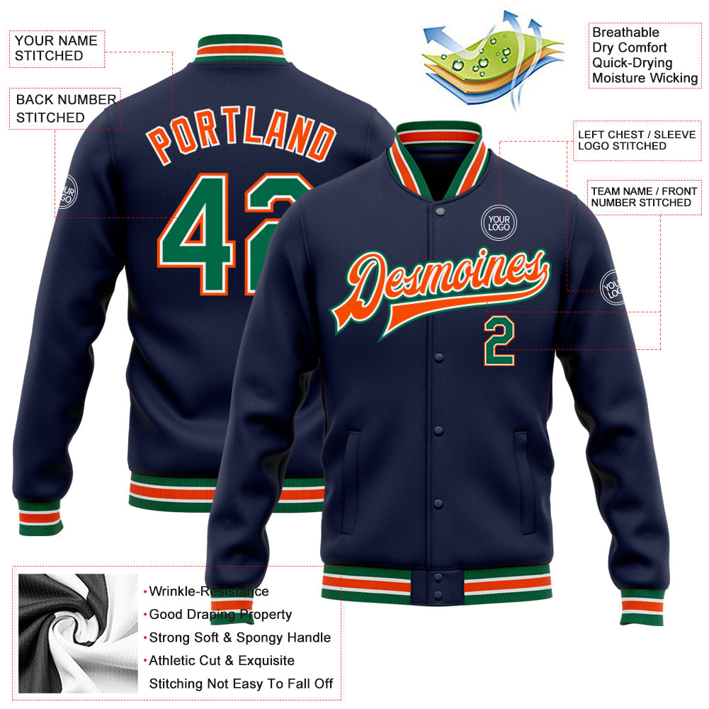 Custom Navy Kelly Green-Orange Bomber Full-Snap Varsity Letterman Jacket view 5