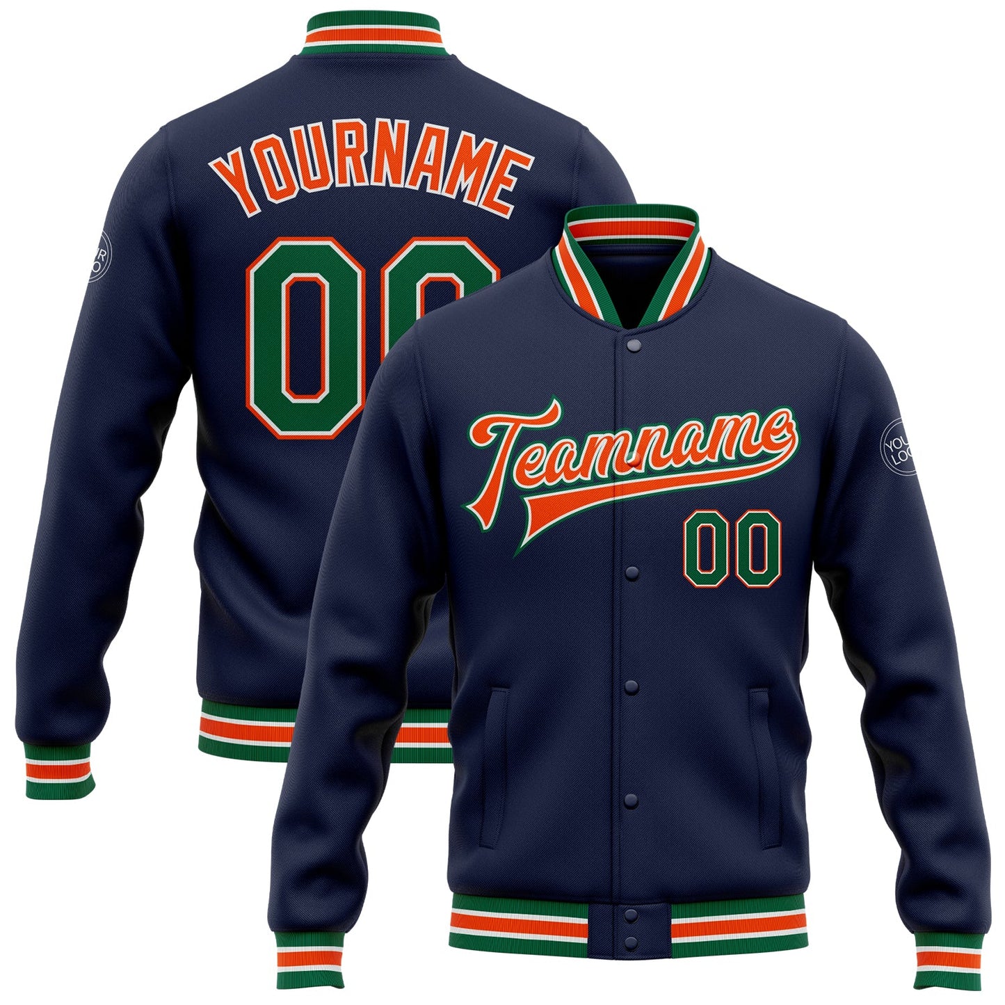 Custom Navy Kelly Green-Orange Bomber Full-Snap Varsity Letterman Jacket - Main View