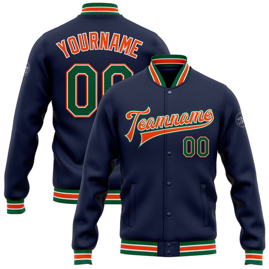 Custom Navy Kelly Green-Orange Bomber Full-Snap Varsity Letterman Jacket - Main View