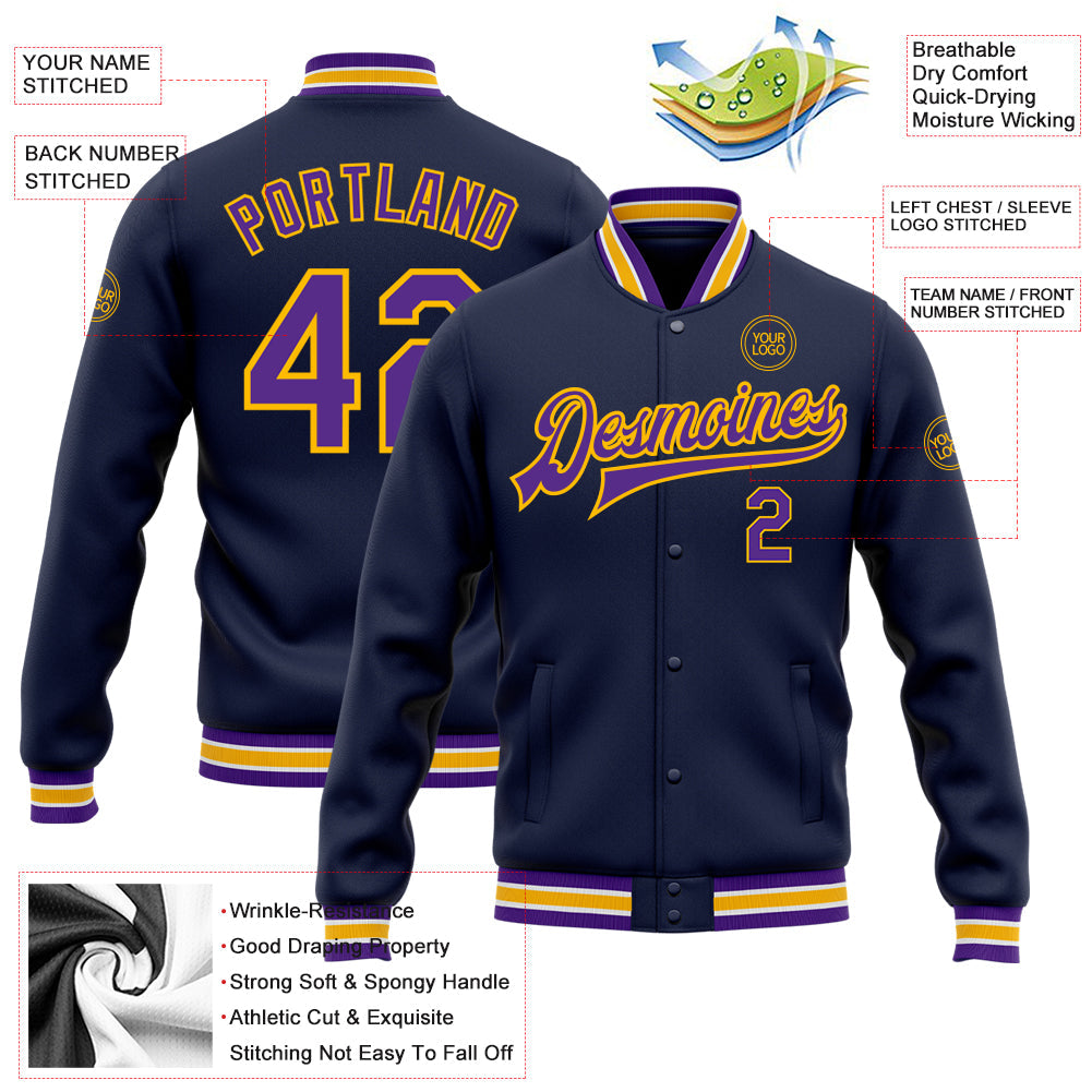 Custom Navy Purple-Gold Bomber Full-Snap Varsity Letterman Jacket view 5