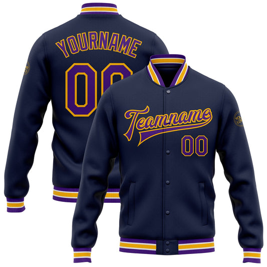 Custom Navy Purple-Gold Bomber Full-Snap Varsity Letterman Jacket - Main View