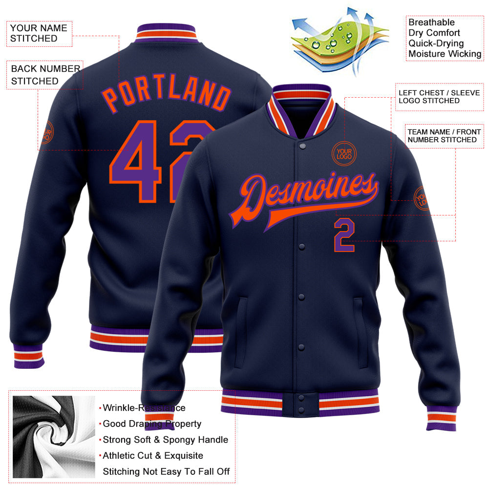 Custom Navy Purple-Orange Bomber Full-Snap Varsity Letterman Jacket view 5