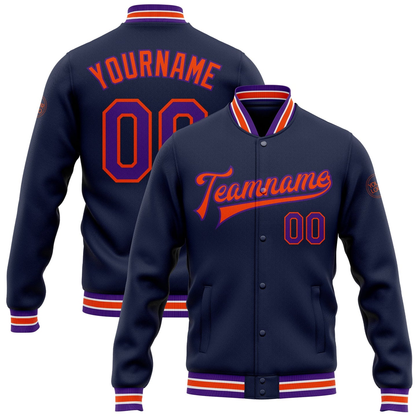 Custom Navy Purple-Orange Bomber Full-Snap Varsity Letterman Jacket - Main View