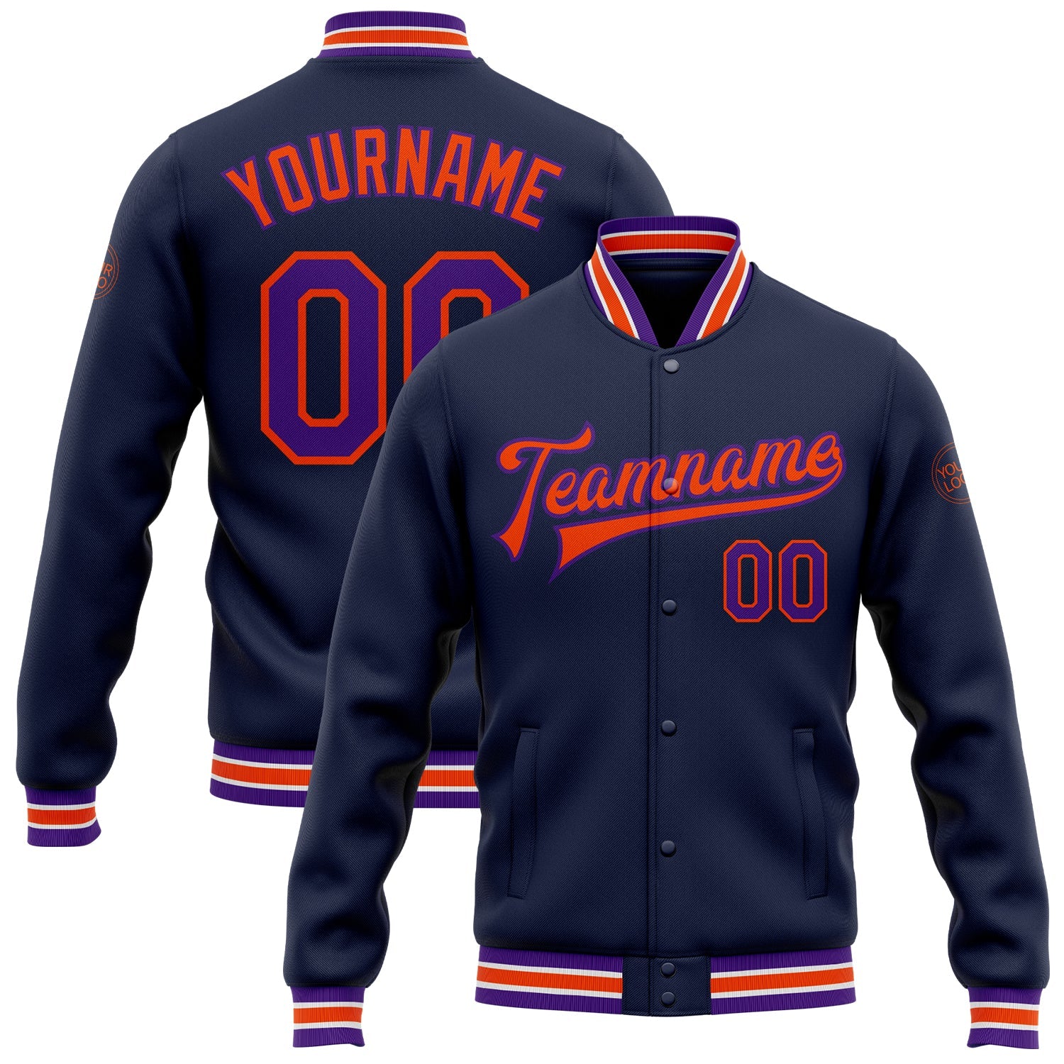 Custom Navy Purple-Orange Bomber Full-Snap Varsity Letterman Jacket - Main View