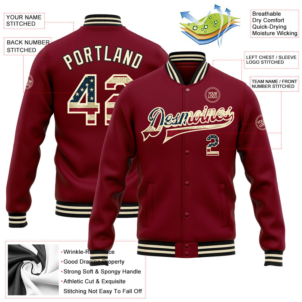 Custom Crimson Vintage USA Flag Cream-Black Bomber Full-Snap Varsity Letterman Jacket view 5