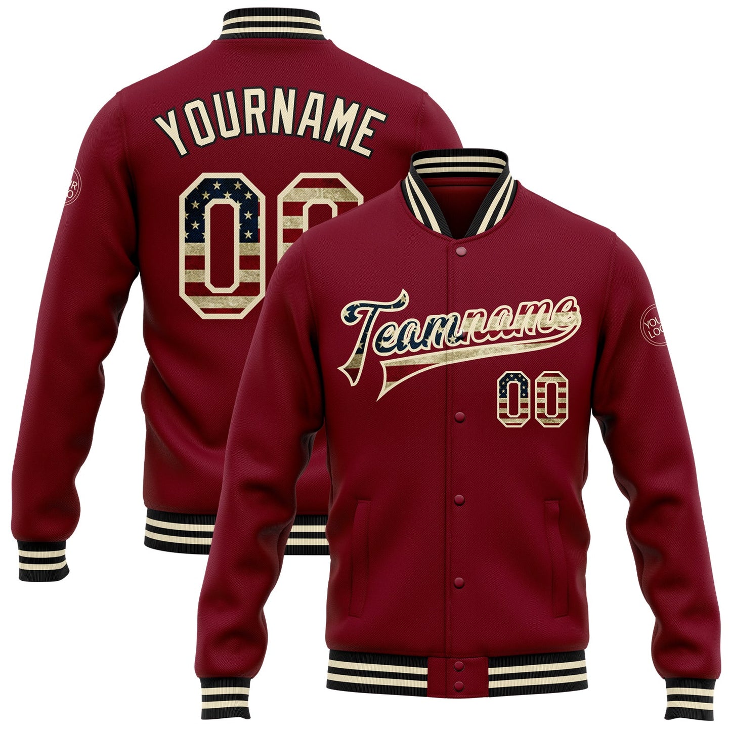 Custom Crimson Vintage USA Flag Cream-Black Bomber Full-Snap Varsity Letterman Jacket - Main View