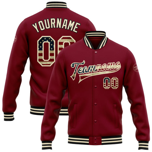 Custom Crimson Vintage USA Flag Cream-Black Bomber Full-Snap Varsity Letterman Jacket - Main View