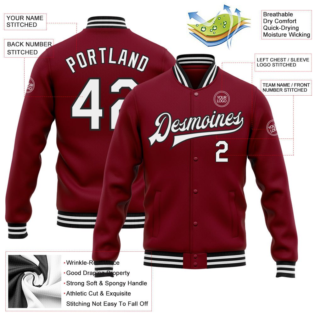 Custom Crimson White-Black Bomber Full-Snap Varsity Letterman Jacket view 5