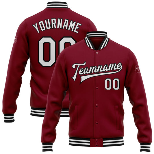Custom Crimson White-Black Bomber Full-Snap Varsity Letterman Jacket - Main View