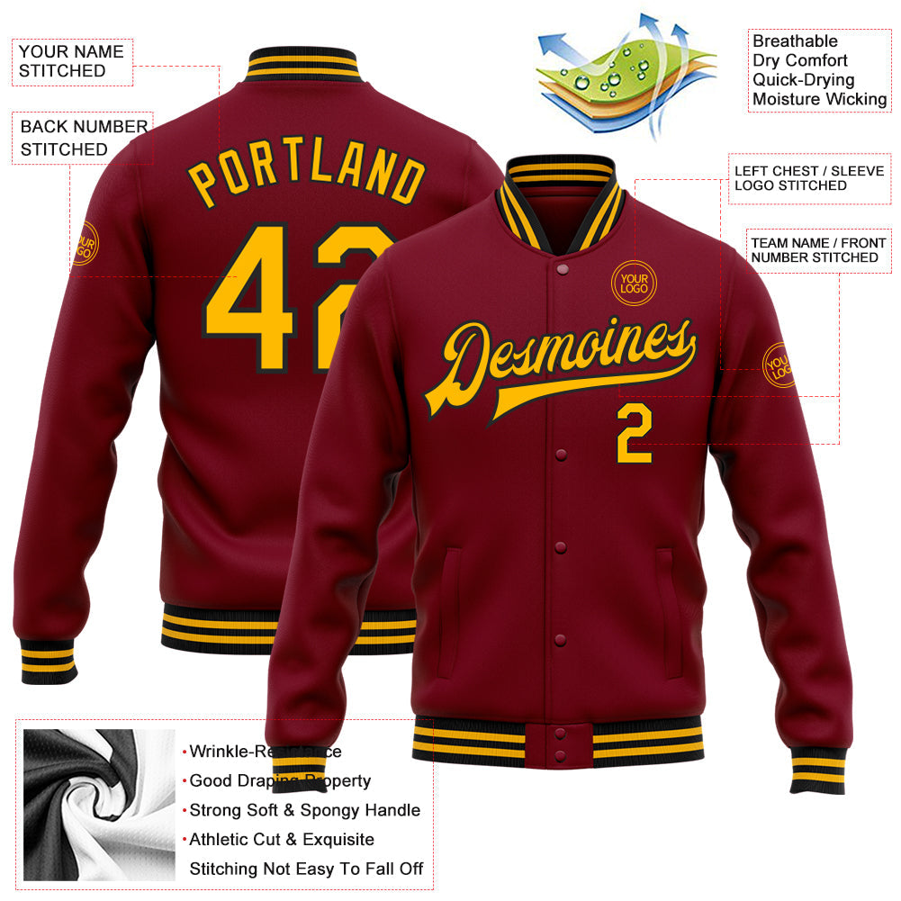 Custom Crimson Gold-Black Bomber Full-Snap Varsity Letterman Jacket view 5