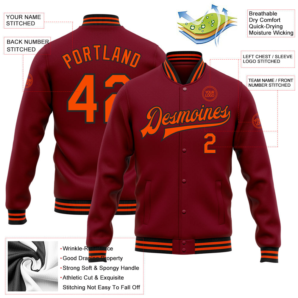 Custom Crimson Orange-Black Bomber Full-Snap Varsity Letterman Jacket view 5