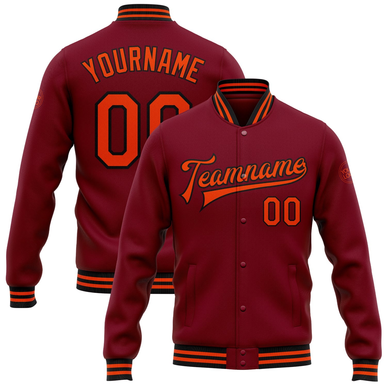 Custom Crimson Orange-Black Bomber Full-Snap Varsity Letterman Jacket - Main View
