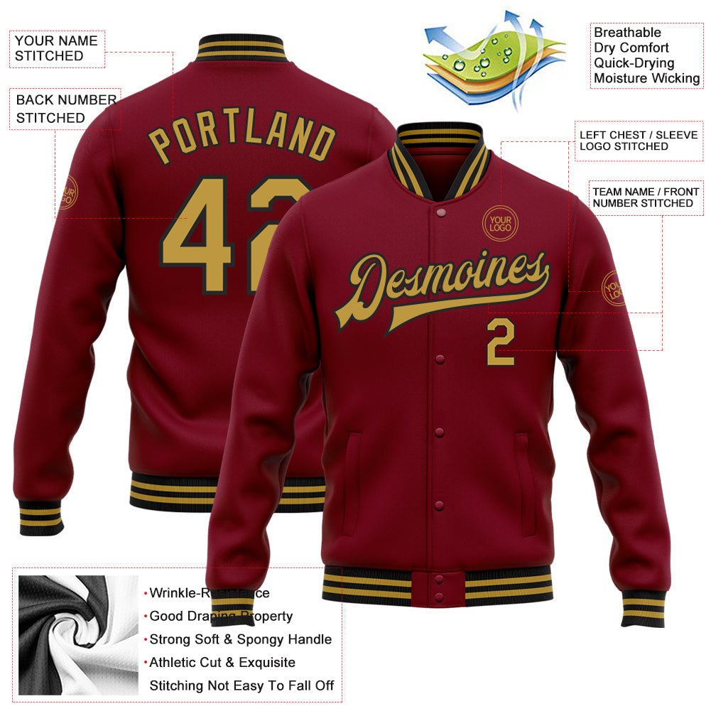 Custom Crimson Old Gold-Black Bomber Full-Snap Varsity Letterman Jacket view 5