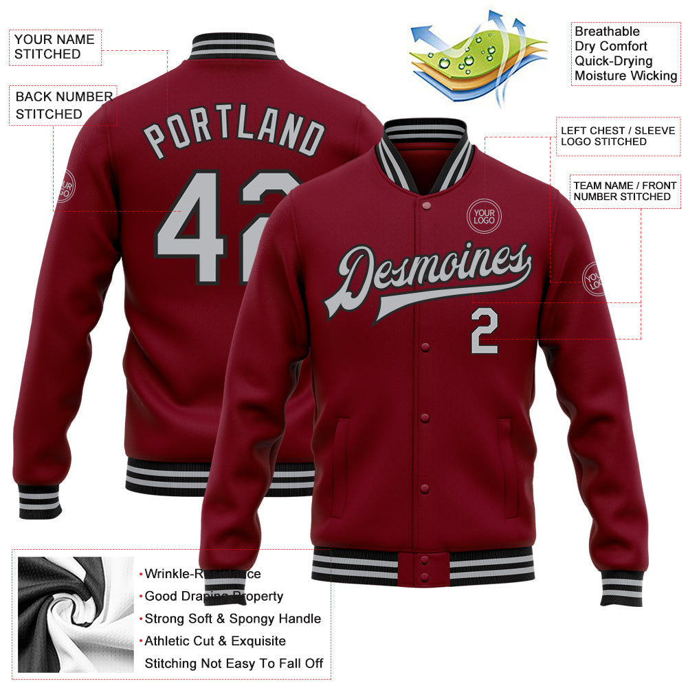 Custom Crimson Gray-Black Bomber Full-Snap Varsity Letterman Jacket view 5