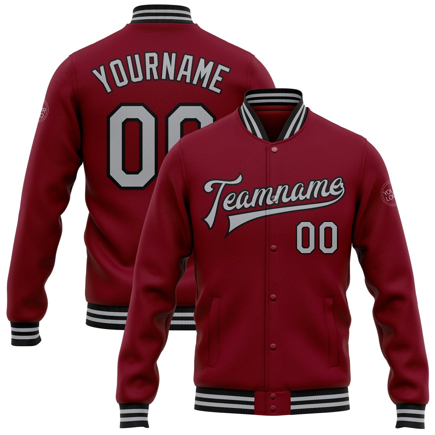 Custom Crimson Gray-Black Bomber Full-Snap Varsity Letterman Jacket - Main View