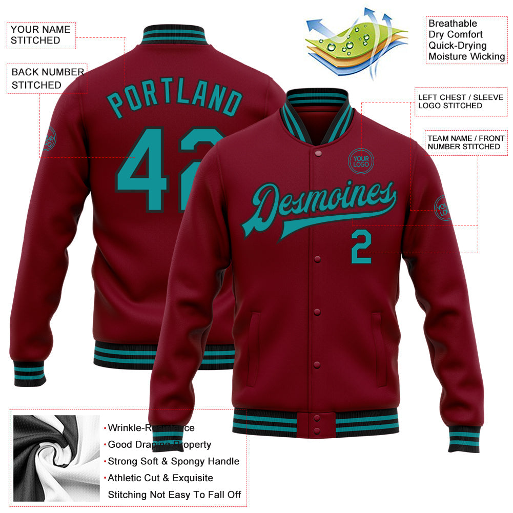 Custom Crimson Teal-Black Bomber Full-Snap Varsity Letterman Jacket view 5