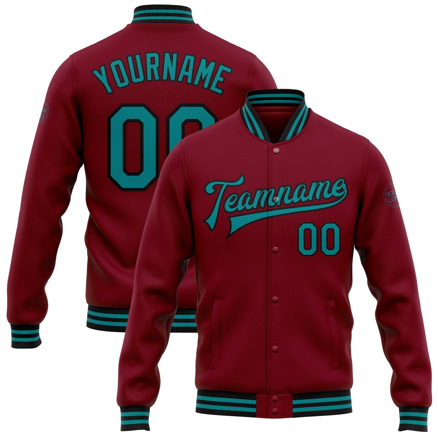 Custom Crimson Teal-Black Bomber Full-Snap Varsity Letterman Jacket - Main View